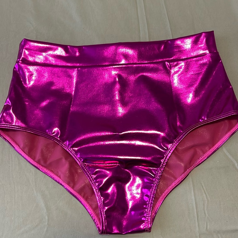 High waisted hot pink metallic pants